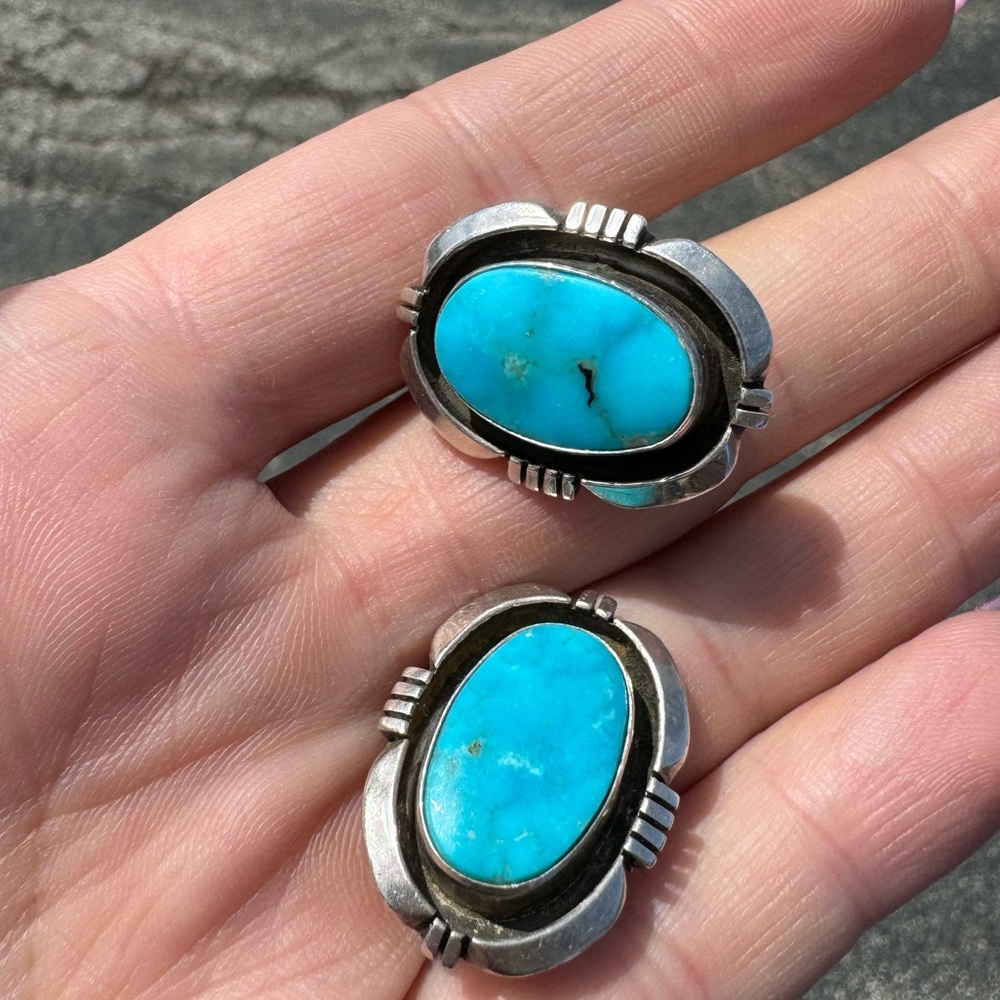 Navajo Roger Apachito sterling silver clip earrings w/ natural turquoise